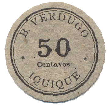 Chile 50 Centavos B.Verdugo Cardboard Token, Iquique