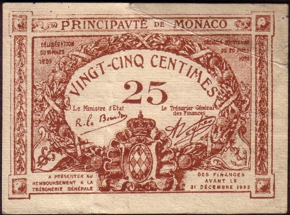 Monaco P.1a  25 Centimes 1920