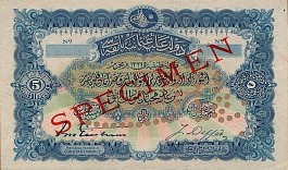 Tukey banknote P.62S  5 Livres Specimen AH1326(1908)